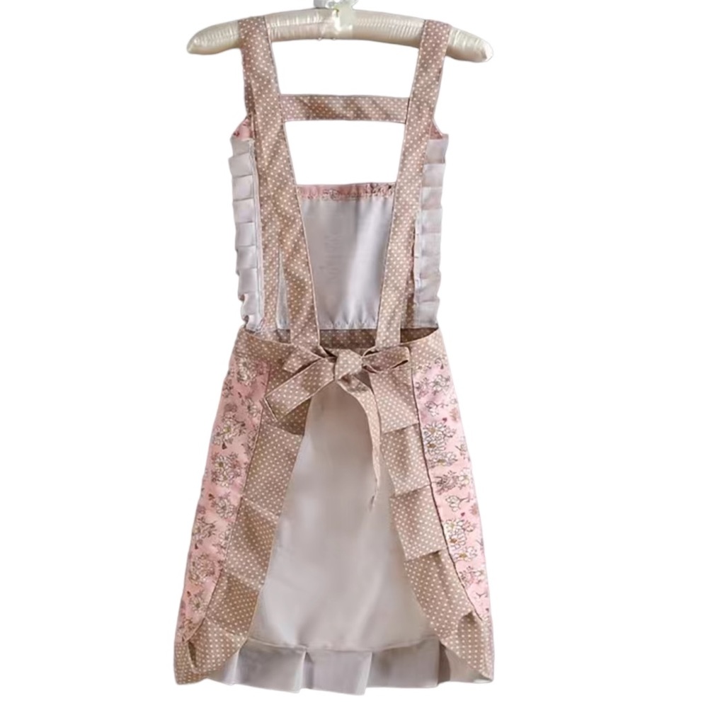 Apron Bib Sweet Vintage Retro Vibe  Pockets Waist Tie Floral Polka Dot Pink Tan - Picture 2 of 14